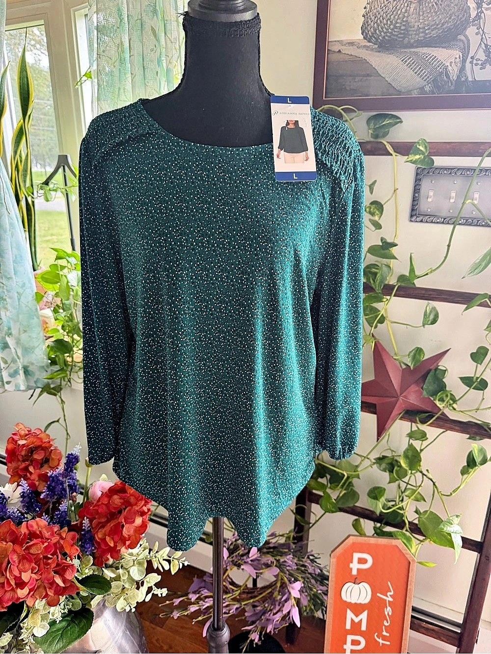 Adrianna Papell Women's 3/4 Sleeve Stretch Soft Blouse Green Large